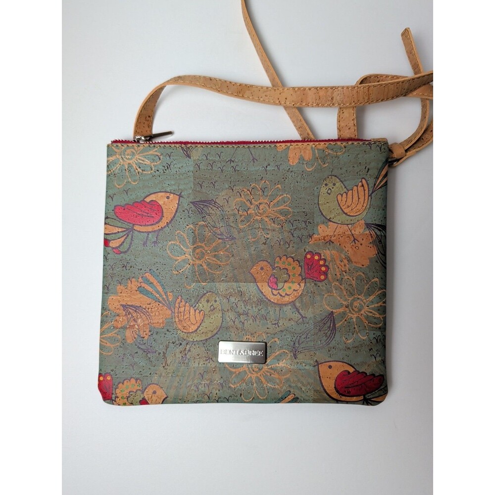 Bent & Bree Ivy Cork Crossbody Bag Eco Friendly Vegan Bird Print Purse Green